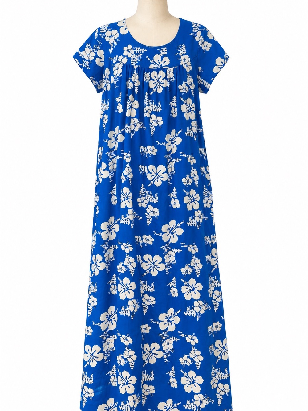 Vintage 60s 70s Ui-Maikai Hawaiian Muumuu Maxi Dress Blue Hibiscus Cotton USA
